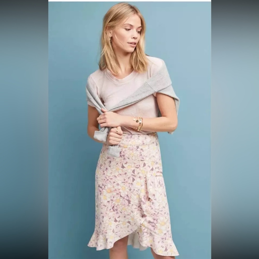 Anthropologie Skye Floral Faux Suede Midi Skirt Size 12 Preppy Business Causal